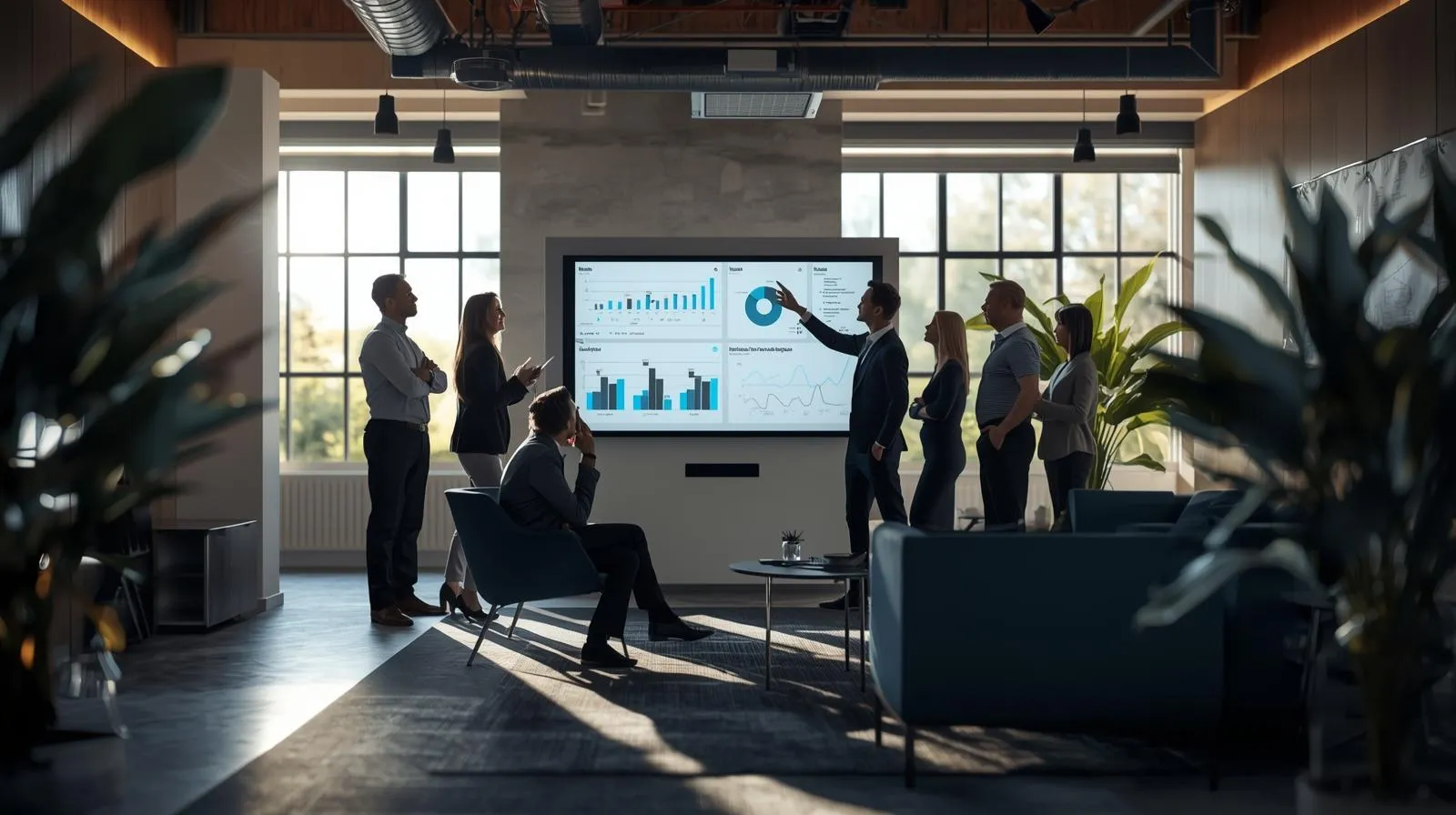 Apresentação estratégica a uma equipa em ambiente empresarial